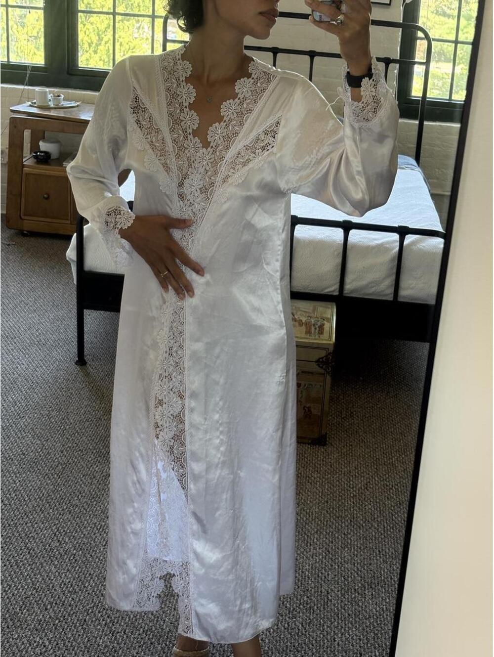 Marina white satin robe with lace trim, size M